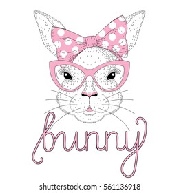 Vector cute bunny girl portrait with pink pin up bow tie on head, cat eye sunglasses. Fashion hand drawn animal illustration for t-shirt print, kids greeting card, Happy Easter symbol.