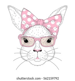 Vector cute bunny girl portrait. Hand drawn rabbit fashion face with pink pin up bow tie on head, sunglasses. Animal illustration for t-shirt print, kids greeting card, Happy Easter symbol