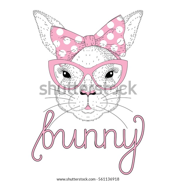 頭にピンクのピンアップ蝶ネクタイ 猫の目のサングラスをかけたベクターのかわいいバニー女の子のポートレート Tシャツのプリント用のファッション手描きの 動物イラスト 子供のグリーティングカード ハッピーイースターシンボル のベクター画像素材 ロイヤリティ