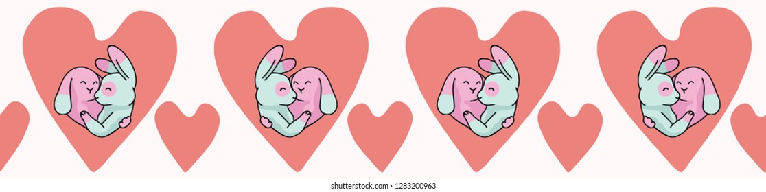 Vector cute bunny hug hearts. Seamless repeat border. Hand drawn 2 rabbit hares hugging inside love heart for romantic valentines day, wedding or pet anniversary banner ribbon. Free hug concept.