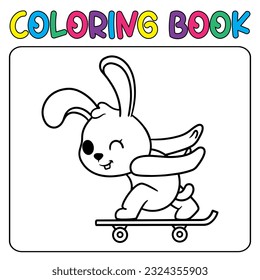Vector cute bunny playing skateboard for children's coloring page vector icon illustration