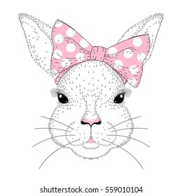 Vector cute bunny portrait. Hand drawn fashion rabbit girl face with pink pin up bow tie on head. Animal illustration for t-shirt print, kids greeting card, invitation for party, Happy Easter symbol