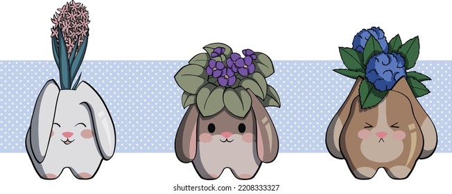 Cacerolas de conejo vectorial adorables con flores.