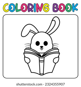 Vector cute bunny reading book for children's coloring page vector icon illustration