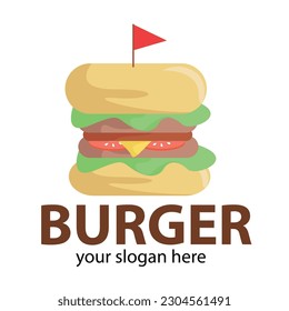 vector cute burger colored light cream with a layer of meat and brown buns and green leaves and a red flag stuck on top
