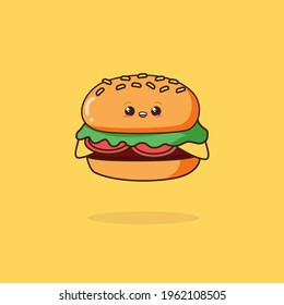 vector cute burger mascot very happy illustration style .Isolated on orange background. Burgers, fast food cafes, junk food