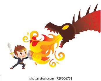 Vector Cute Business Man Character Raising Sword And Holding Shield Fighting With Giant Dragon, Monster Isolated On White Background.