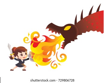 Vector cute business woman character raising sword and holding shield fighting with giant dragon, monster isolated on white background.