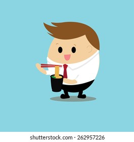Vector of Cute Businessman eating the instant noodle