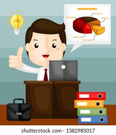 A Vector of Cute Businessman Working Hard on Pie Chart and Data
