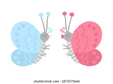 Pareja de mariposas lindas vectoras. Amante ilustración de pareja. Relación de amor o concepto familiar. Los insectos románticos aislados en el fondo blanco. Personajes divertidos del día de San Valentín.
