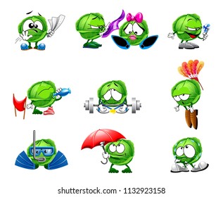 vector cute cabbage smile characters funny smiles emotions sport set of smiles