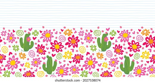 Vector cute cactus and daisy flowers horizontal border pattern. Suitable for decorating posters and graphic design projects.