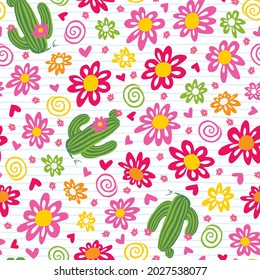 Vector cute cactus and daisy flowers seamless repeat pattern. Suitable for textile, gift wrap and wallpaper.