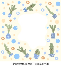 Vector cute cactus design banner with empty space for text. Hand drawn style houseplant characters composition banner.