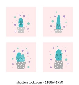 Vector cute cactus design set. Four hand drawn style houseplants with happy face compositions.