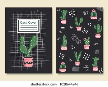 Vector cute cactus set. Cover template with cool cacti in pots and hand drawn abstract elements