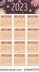 calendario vectorial lindo 2023 año con bonita flor 