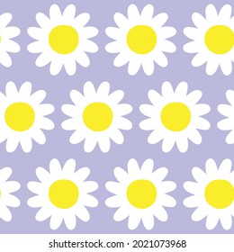 Vector cute camomile seamless pattern. Charming cartoon flower icon on a violet background. For textile, print, decoration, design, wrapping wallpaper 