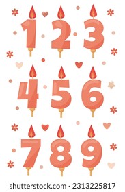 vector cute candles like numbers from one to nine pink color isolated on white background