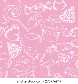Vector cute candy seamless pattern, White graphic candys on pink background. 