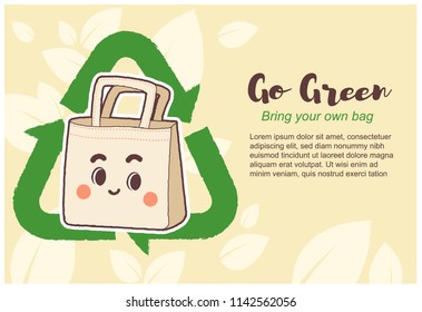 Vector cute canvas tote bag character with recycle symbol and text content