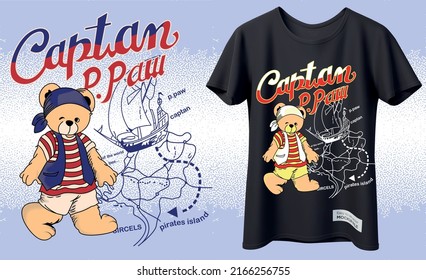 vector cute captain bear with text and map .