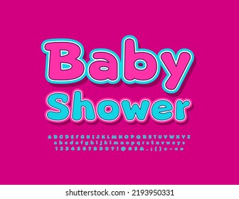 Vector cute card Baby Shower with sticker Alphabet Letters, Numbers and Symbols set. Pink and Blue childish Font