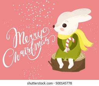 vector cute card,  beautiful bunny, merry christmas, beautiful lettering. winter mood, snow
