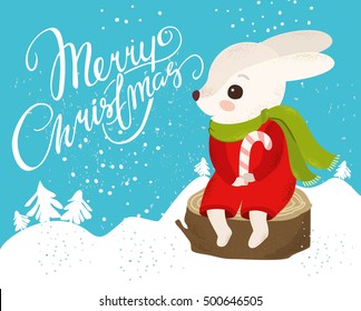 vector cute card, beautiful bunny, merry christmas, beautiful lettering. winter landscape, snow