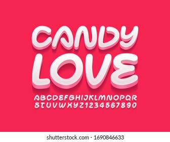 Tarjeta vectorial linda Candy Love. Fuente 3D creativa. Letras y números de alfabeto de moda