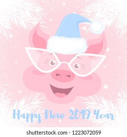 Vector cute card with face of cheerful pig in glasses and santa hat. Pink textured background with fir needles. Text happy new 2019 year.
