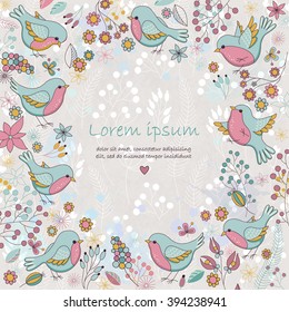 Vector cute card with floral frame and birds. Place for your text. Perfect for greetings, invitations, announcements, wedding and web design.