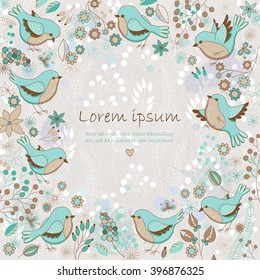 Vector cute card with floral frame and birds. Place for your text. Perfect for greetings, invitations, announcements, wedding and web design.