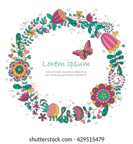 Vector cute card with floral wreath and butterfly. Romantic floral frame with place for you text. Perfect for greetings, invitations, announcement, wedding design.