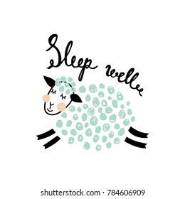 vector cute card with fluffy sheep and sleep well hand lettering text