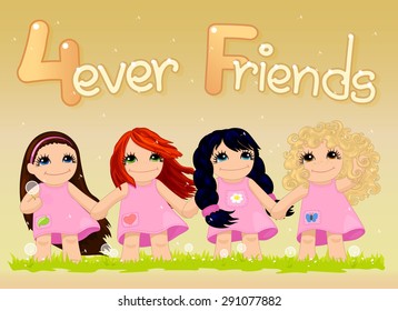 vector, Cute card with four lovely little girls holding hands forever Friends, pink