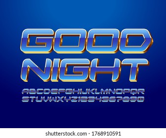 Vector cute card Good Night with 3D Blue and Gold Font. Elite techno Alphabet Letters and Numbers