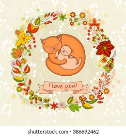 Vector cute card  for Happy mothers day. Background with floral wreath and Mother's hugs. Cute cats - mom and kitten.