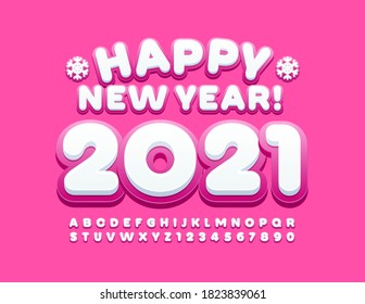 Vektor cute Karte Happy New Year 2021 mit Schneeflocken! Moderner Schriftart in Rosa und Weiß. Satz für kreative Alphabet-Buchstaben und -Zahlen