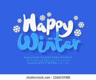 Vector cute card Happy Winter with snowflakes and Handwritten Font. 3D blue Kids Alphabet Letters, Numbers and Symbols