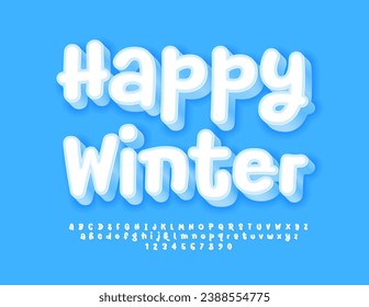 Vector cute card Happy Winter. Cold snow Font. Funny handwritten Alphabet Letters and Numbers set.