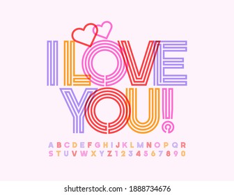 Vector cute card I Love You with Hearts, Creative maze Font. Trendy Alphabet letters and Numbers set
