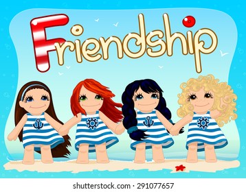 vector, Cute card with lovely little four girls holding hands, Friendship, blue strips