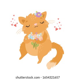 vector cute card, red cat. fluffy animal, cartoon character with a bouquet of flowers