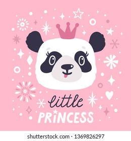 Vector cute card with smiling panda. Pink illustration with funny cartoon character with hand written qoute "Little princess". Childish background with animal face and text.
