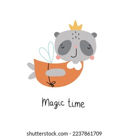 Vector cute card with smiling panda. Illustration with funny cartoon character with handwritten quote: Magic time.