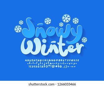 Vector cute Card Snowy Winter with snowflakes and Handwritten Font. Funny Kids Alphabet Letters, Numbers and Symbols.