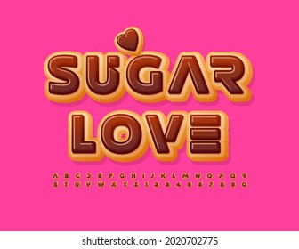 Tarjeta vectorial linda Azúcar Amor con el corazón decorativo. Fuente de vidrio de chocolate. Letras y números de los alfabetos de Donut dulce