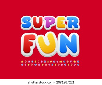 Vector cute card Super Fun. Kids style Font. Colorful playful Alphabet Letters and Numbers set